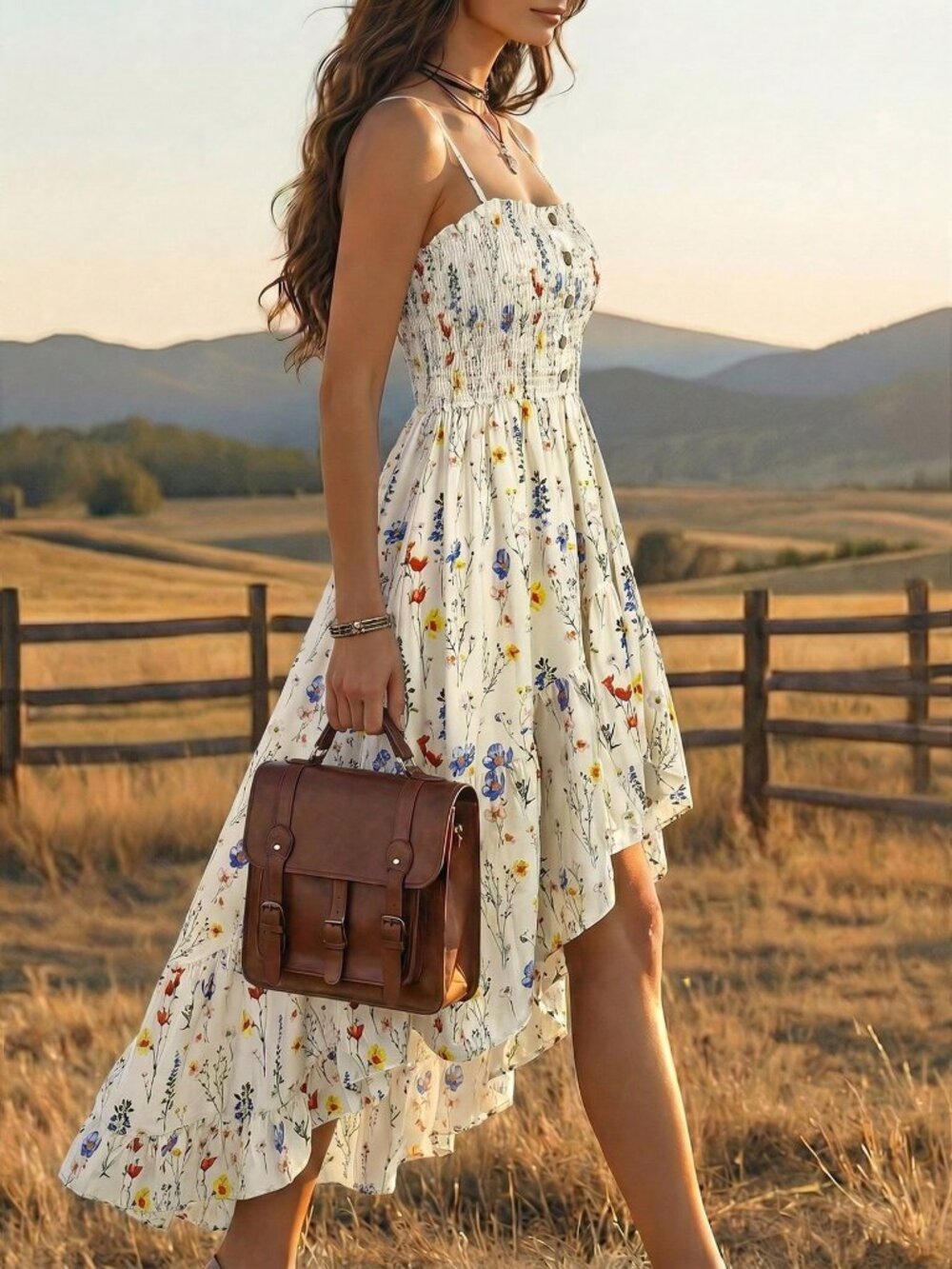 White Boho Women's Casual Floral Print Cinched Waist Midi Dress - Picture 3 of 7